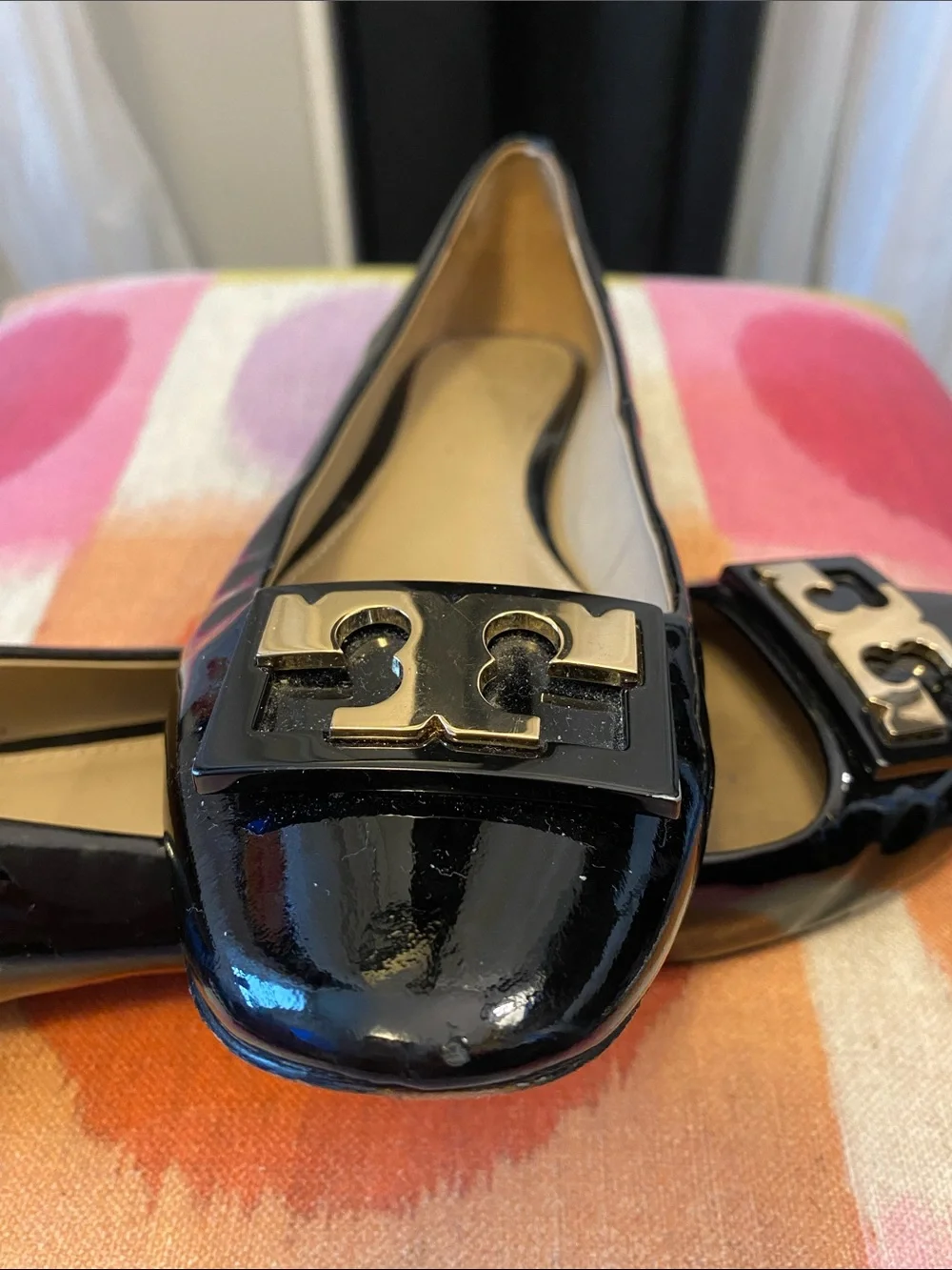 Tory Burch Black Patent Leather Ballet Flats with Gold Logo